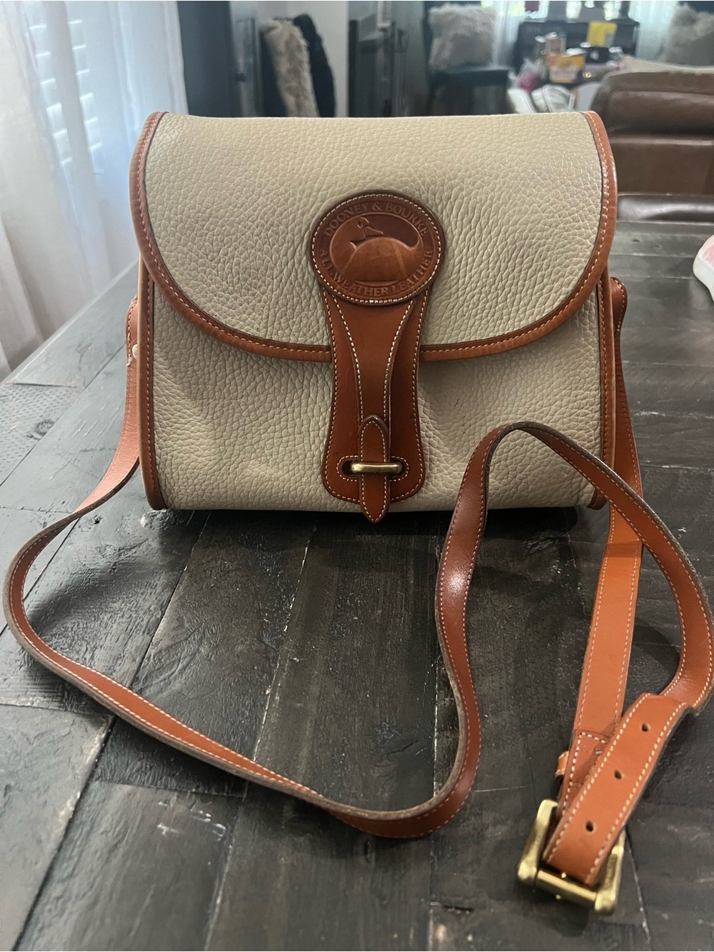 Dooney & Bourke Cream Pebbled Leather Crossbody with Brown Trim